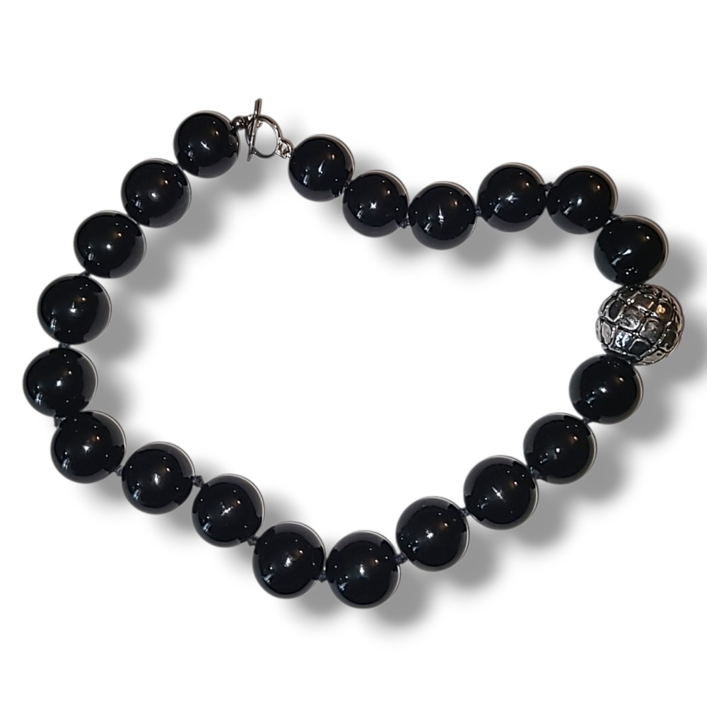 Black‎ Onyx Sterling Silver Beaded Necklace 19in Chunky Hand Knotted 925 Heavy